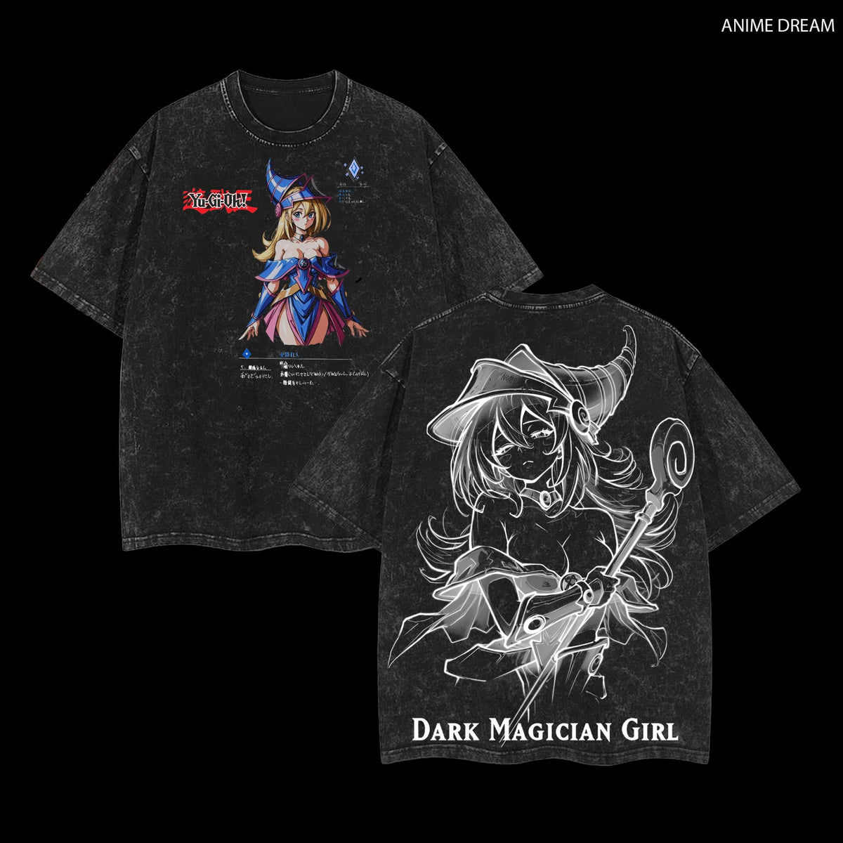 Dark Magician Girl Yu-Gi-Oh! Anime Double Printed Vintage Washed Tee Unisex Oversize Heavyweight Cotton T-shirt for Anime Fans and Lovers