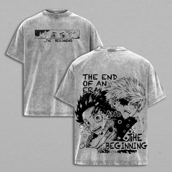 Bakugo x Deku The End & The Beginning Vintage Washed Oversized Tee – My Hero Academia Heavy Cotton Double Printed Anime Streetwear T-Shirt, Gift for Anime & Manga Fans