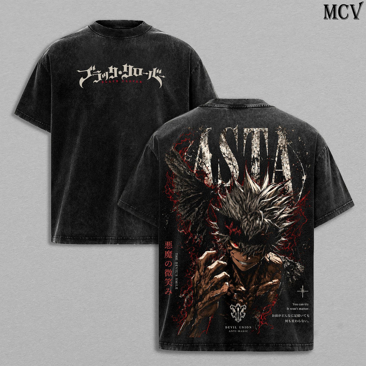 Asta Black Clover Tee – Asta Vintage Washed T-Shirt | Anti Magic Knight | Black Bulls Anime Manga Graphic Tee | Heavy Cotton Unisex Oversized Streetwear Top