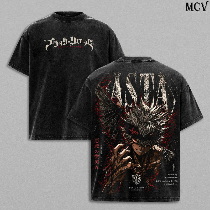 Asta Black Clover Tee – Asta Vintage Washed T-Shirt | Anti Magic Knight | Black Bulls Anime Manga Graphic Tee | Heavy Cotton Unisex Oversized Streetwear Top