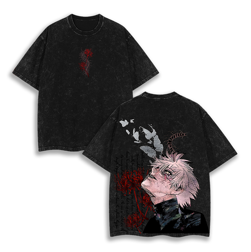 Ken Kaneki Tee – Tokyo Ghoul Vintage Wash T-Shirt, Oversized Unisex Anime Merch, Vintage Oversized Double-Sided Graphic T-Shirt Acid Wash Lightweight Streetwear Menswear, Anime & Manga Lovers, Retro Casual Wear
