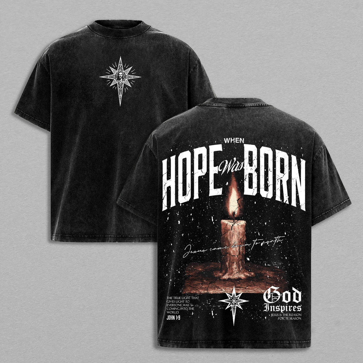 HOPE WAS BORN – Faith That Lights The Darkness Christian Washed T Shirt Jesus Candle Cross Graphic Heavy Cotton Streetwear Unisex Relaxed Fit Inspirational Religious Tee Dark Aesthetic Church Style