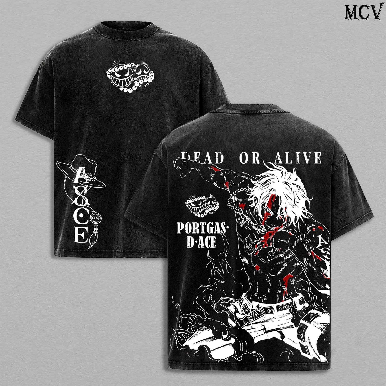 Ace Fire Fist Anime Vintage Washed T-Shirt, Flame Pirate Graphic Tee, Manga Streetwear Shirt Heavyweight Cotton