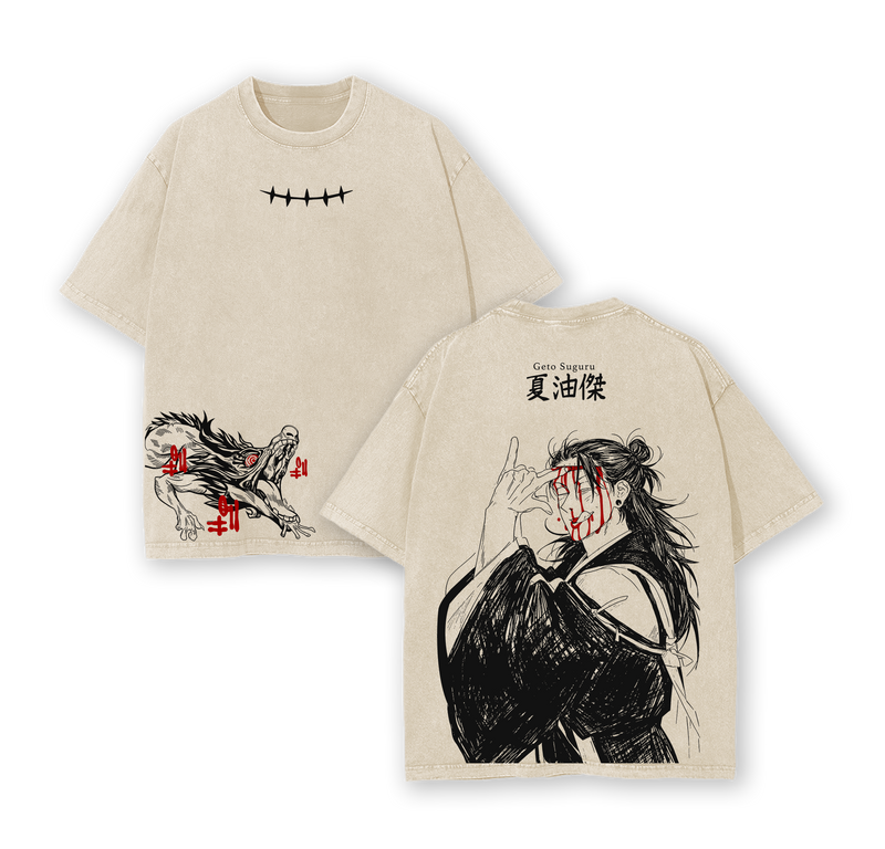 Geto Suguru Jujutsu Kaisen Tee Washed – Vintage Acid Wash Oversized Heavyweight Cotton Anime Manga T-Shirt, Double Printed Retro Unisex Streetwear Graphic Top, Gift for Anime Fans & Manga Lovers