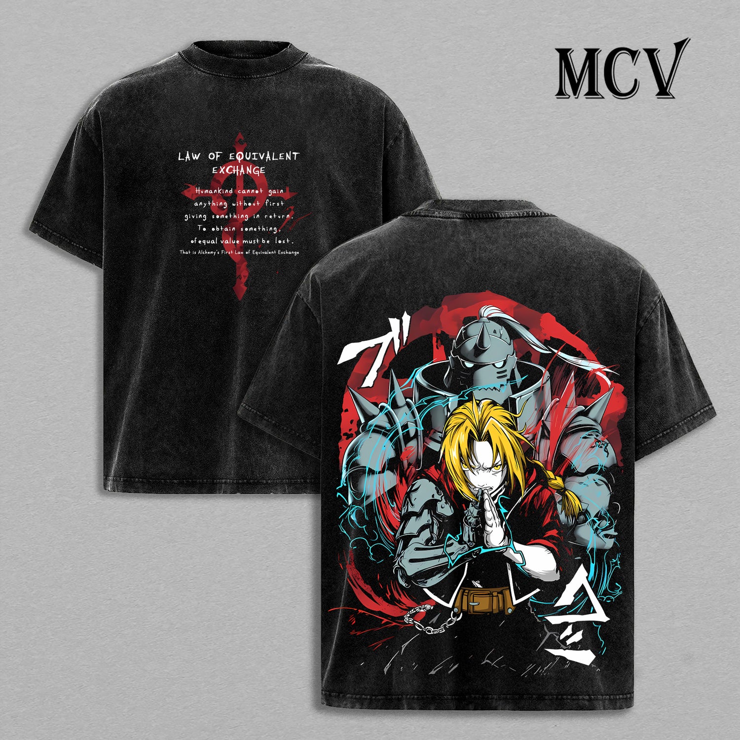 Edward & Alphonse Elric Fullmetal Alchemist Washed T-Shirt, Vintage Anime Oversized Tee