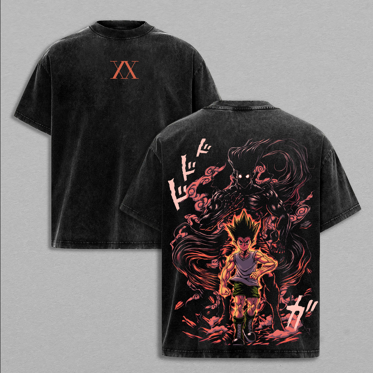 Gon Freecss Monster Mode Tee – Double Printed Oversize Unisex T-Shirt Washed, Cool Hunter x Hunter Anime Streetwear Graphics Shirt, Urban Outfit Summer Fashion Anime Merch Top