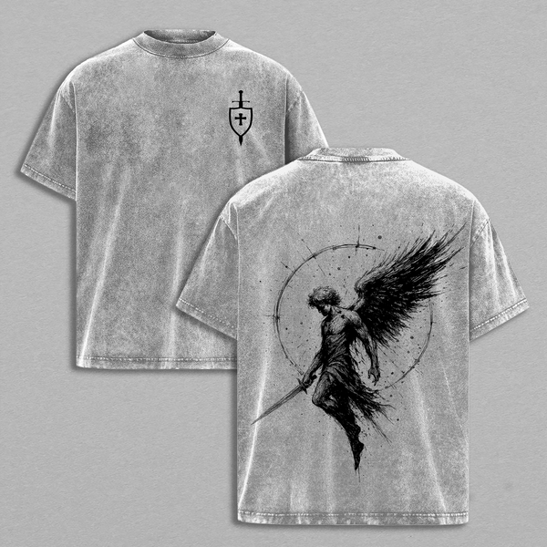 Sanctus Michael Archangelus x Flaming Sword x Shield x Scales of Justice Archangel Michael T-Shirt Washed Church Outfit Gym Pump Cover ,Christian Religious , Jesus Apparel