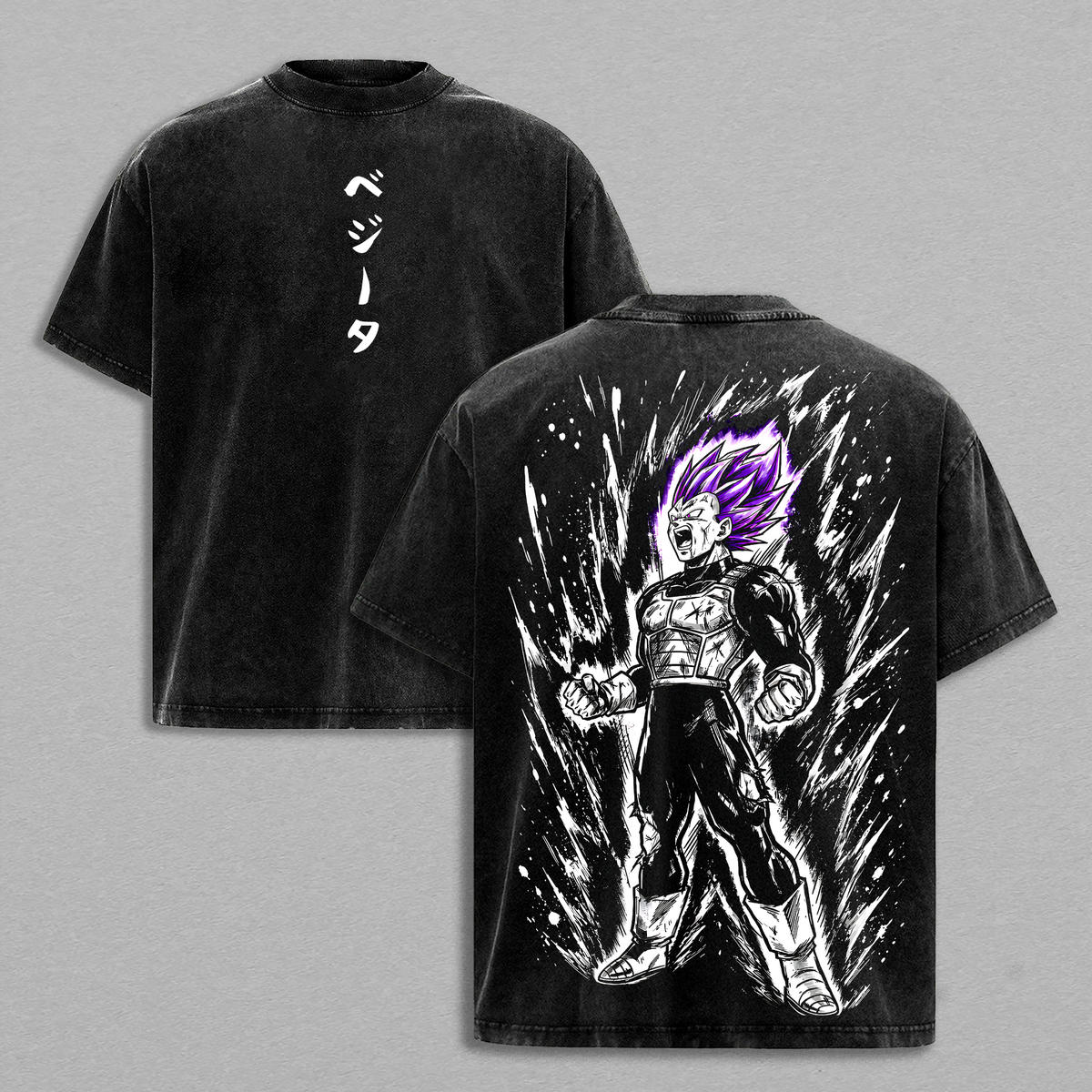 Purple Aura Saiyan Prince Vintage Washed Oversized Tee, Ego Power Anime Warrior Shirt, Cosmic Fighter Heavyweight Cotton Streetwear Graphic