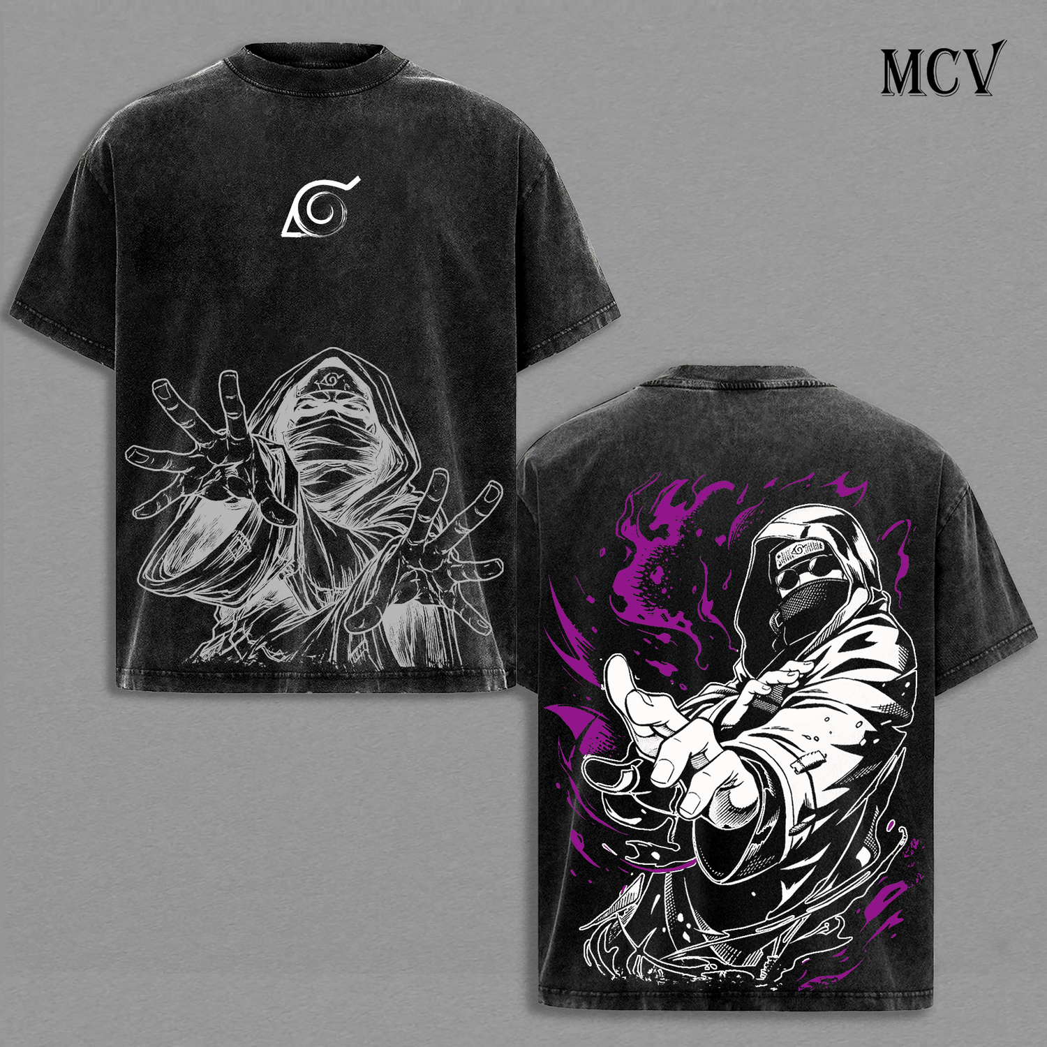 Naruto Aburame Shino Vintage Washed T-Shirt, Hidden Leaf Ninja Bug Technique Anime Graphic Tee, Dark Anime Streetwear Heavy Cotton
