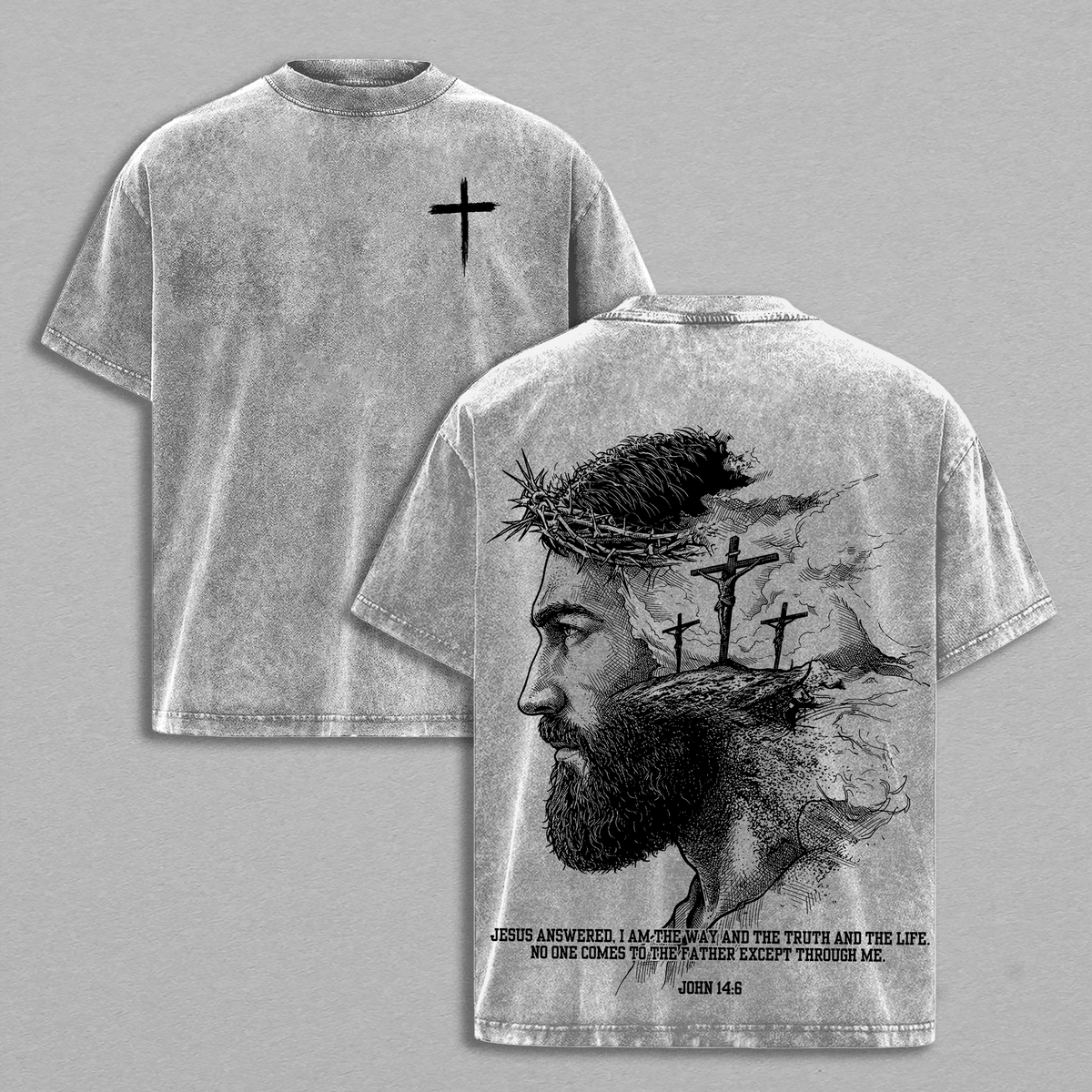 John 14:6 Vintage Washed Oversized Christian T-Shirt, Jesus Portrait Faith Graphic Tee, Heavy Cotton Dark Scripture Streetwear Top, Unisex Retro Worship Shirt for Believers