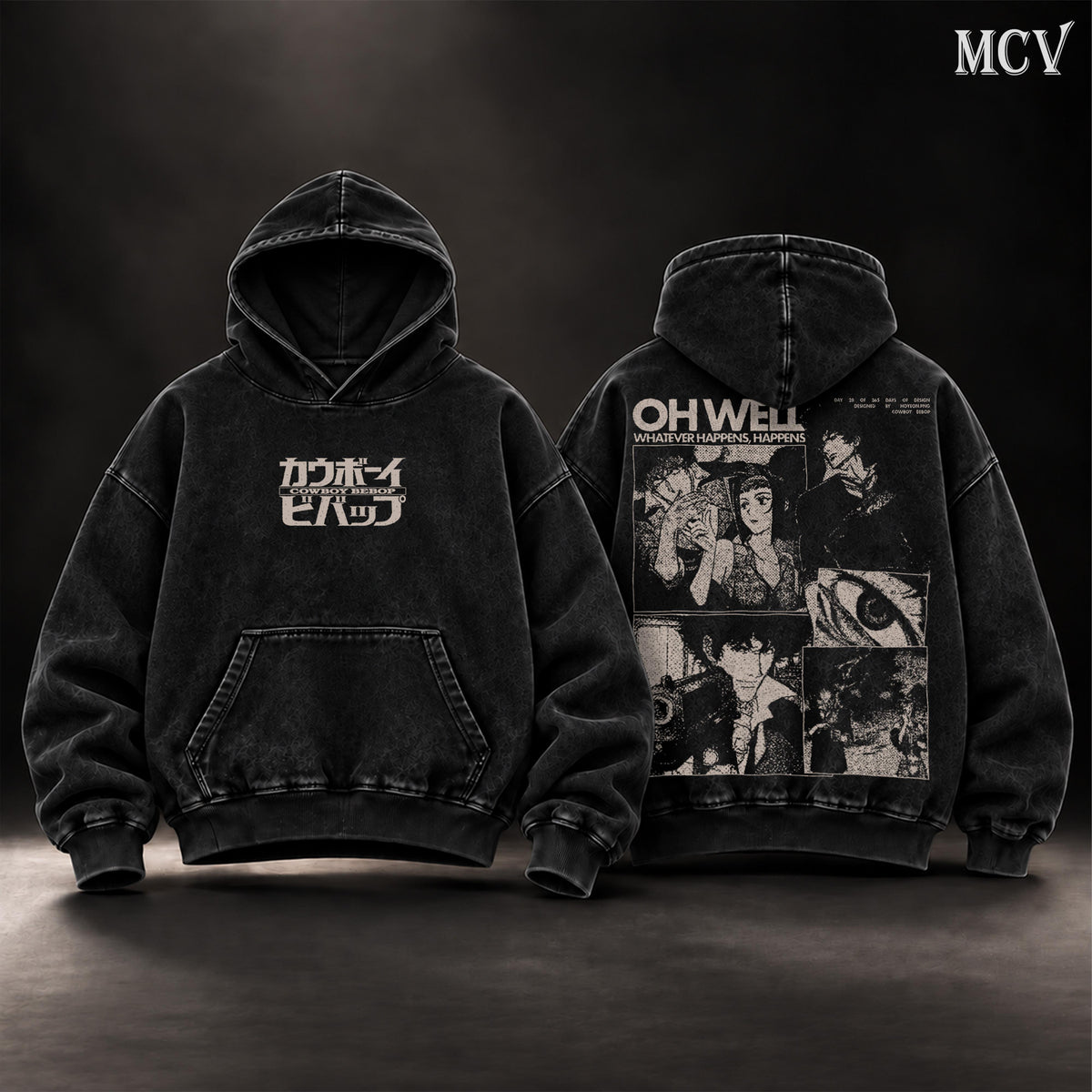 Cowboy Bebop Vintage Washed Oversized Hoodie, Spike Spiegel & Faye Valentine Anime Graphic Pullover, Double-Sided Retro 90s Y2K Streetwear, Unisex Anime Fan Gift