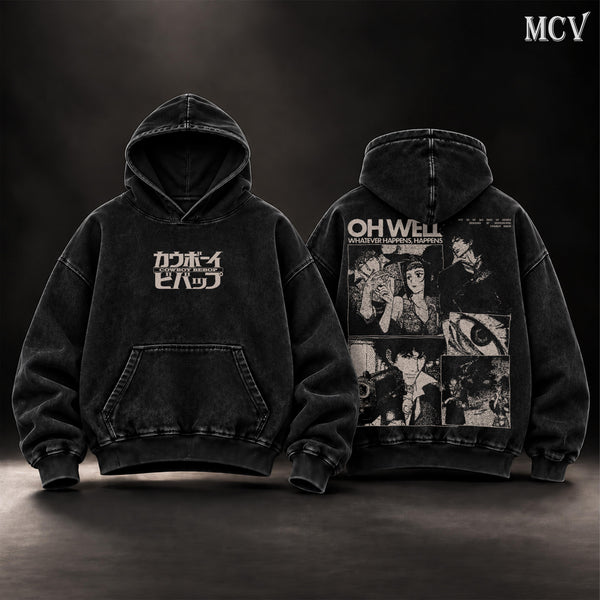 Cowboy Bebop Vintage Washed Oversized Hoodie, Spike Spiegel & Faye Valentine Anime Graphic Pullover, Double-Sided Retro 90s Y2K Streetwear, Unisex Anime Fan Gift
