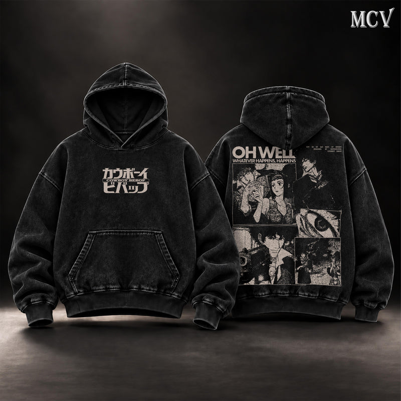 Cowboy Bebop Vintage Washed Oversized Hoodie, Spike Spiegel & Faye Valentine Anime Graphic Pullover, Double-Sided Retro 90s Y2K Streetwear, Unisex Anime Fan Gift