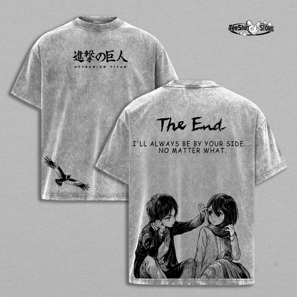 Eren Yeager & Mikasa Ackerman Attack on Titan T-Shirt & Hoodie – Vintage Washed Oversized Anime Graphic, “The End” Gothic Design, Heavy Cotton Retro Unisex Streetwear Top Gift For Manga Anime Fan