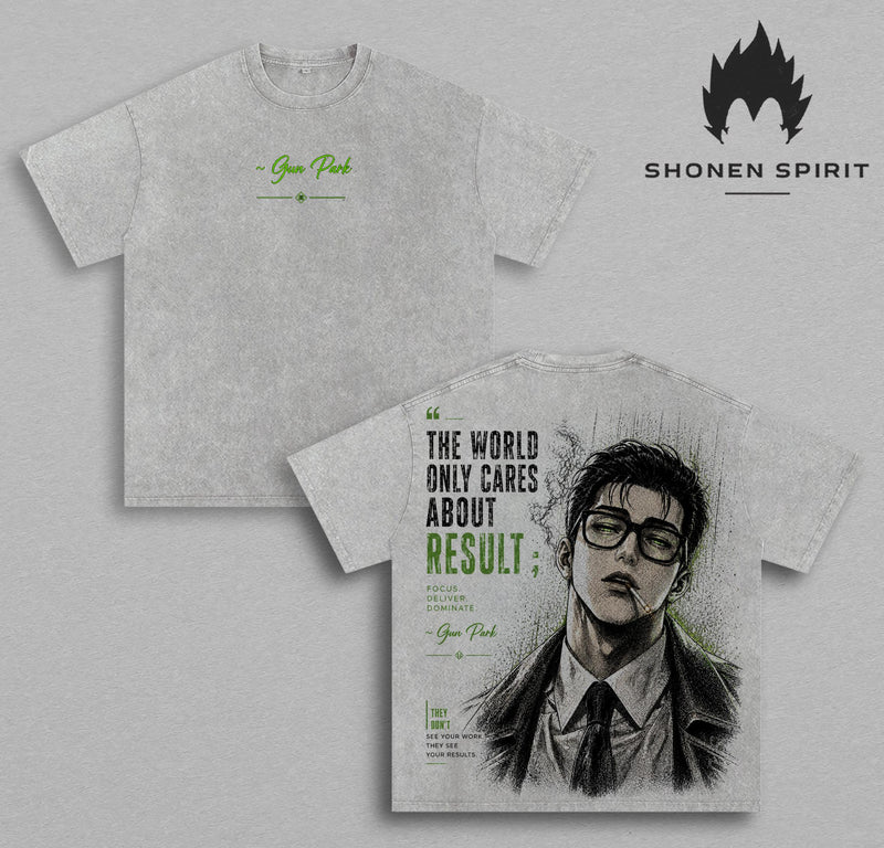Gun Park Vintage Washed T-Shirt | Lookism Graphic Tee | The World Only Cares About Results Oversized Heavyweight Cotton Streetwear Shirt | Anime Manhwa Unisex Fan Gift