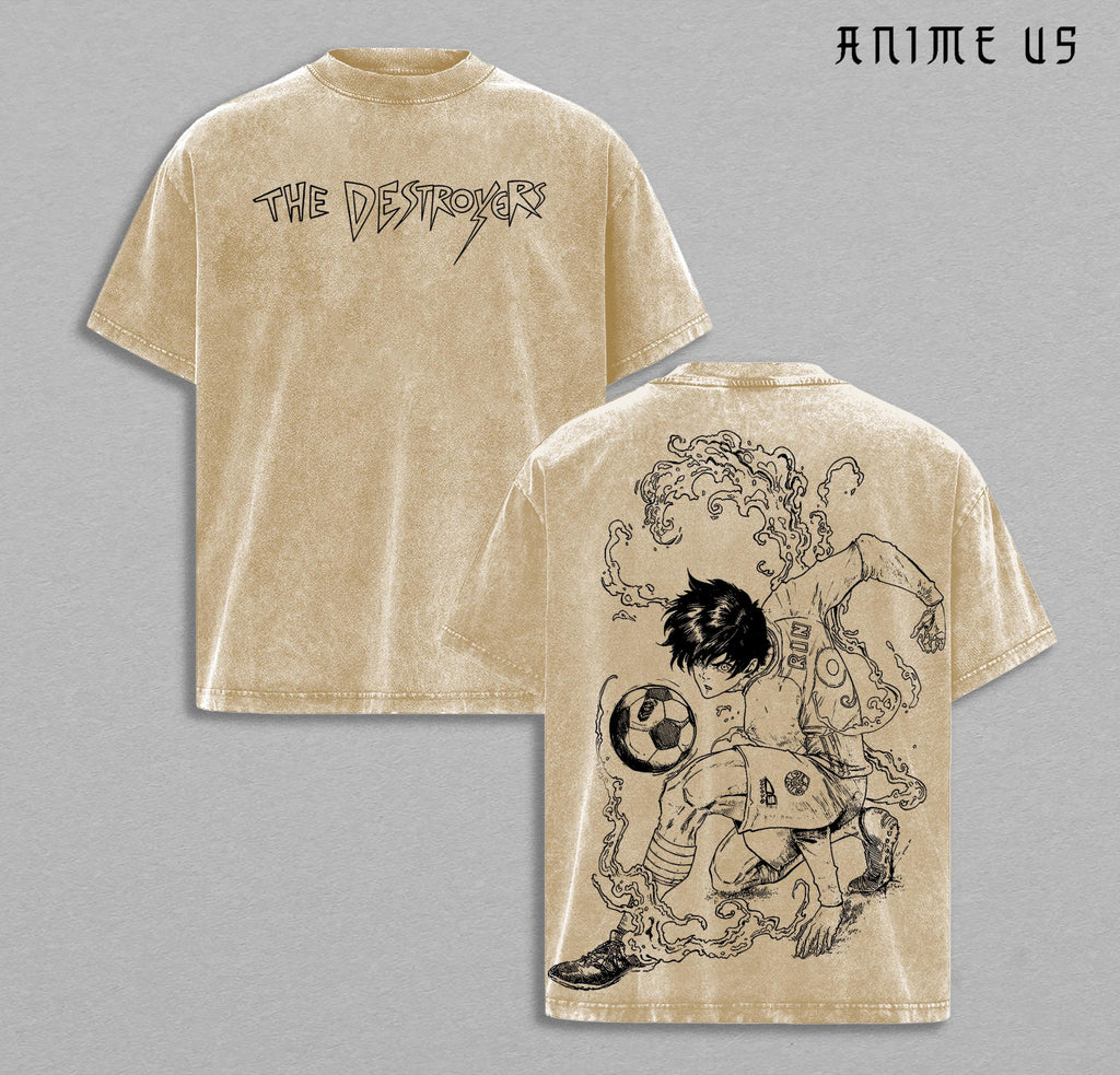 Rin Itoshi x Blue Lock Anime Soccer T-Shirt Washed, Blue Flame Soccer Player Tee, Vintage Japanese Manga Football Shirt, Oversized Streetwear Graphic Tee, Sportswear Menswear