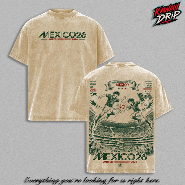 Mexico World Football Tour 2026 Vintage Washed Anime Soccer T Shirt, Retro Futbol Graphic Tee, Oversized Heavyweight Cotton Streetwear Top, Mexico Football Fan Shirt, Sports Aesthetic Gift Merch Apparel