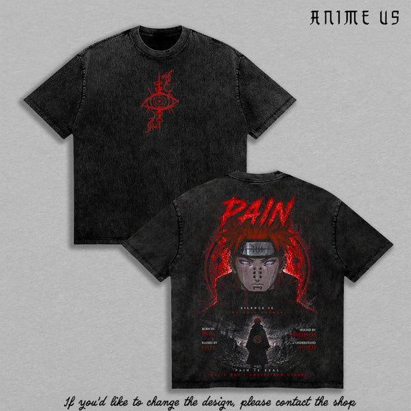 Pain Rinnegan Vintage Washed T-Shirt, Naruto Shippuden Akatsuki Anime Graphic Tee, Almighty Push Shinobi Gym Pump Cover Oversized Dark Back Print Heavy Cotton Streetwear Shirt