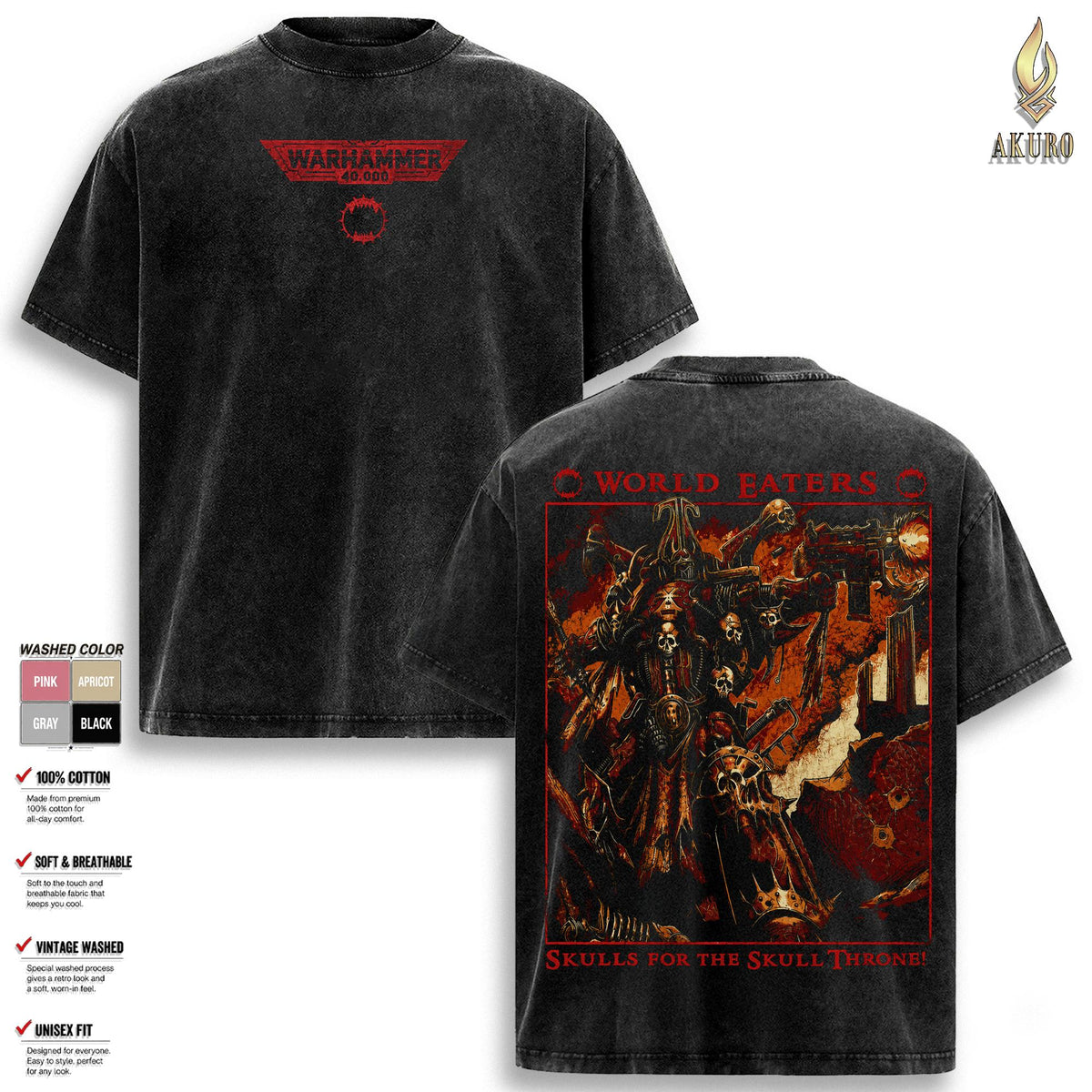 World Eaters Warhammer 40K Graphic T Shirt, Warhammer 40000 Vintage Washed Oversized Tee, Space Marines Chaos Tyranids Gaming Streetwear Soft Cotton Unisex Gift