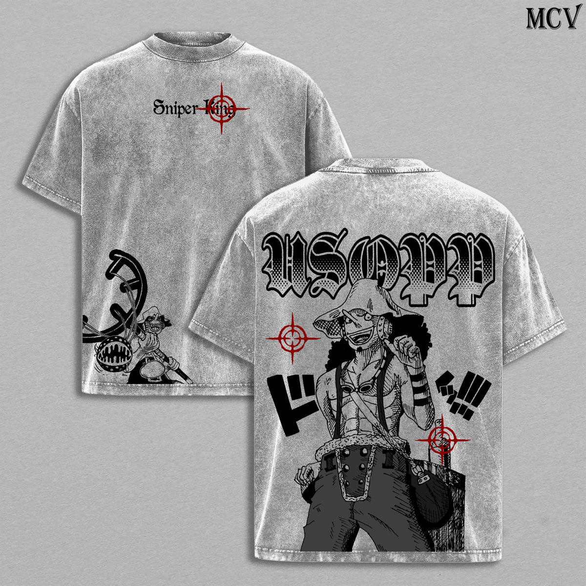 Usopp Washed Tee – Sniper King One Piece Anime Manga Sogeking Graphic Double Printed T-Shirt, Menswear Heavy Cotton Unisex Oversize Vintage Streetwear Sniper Edition