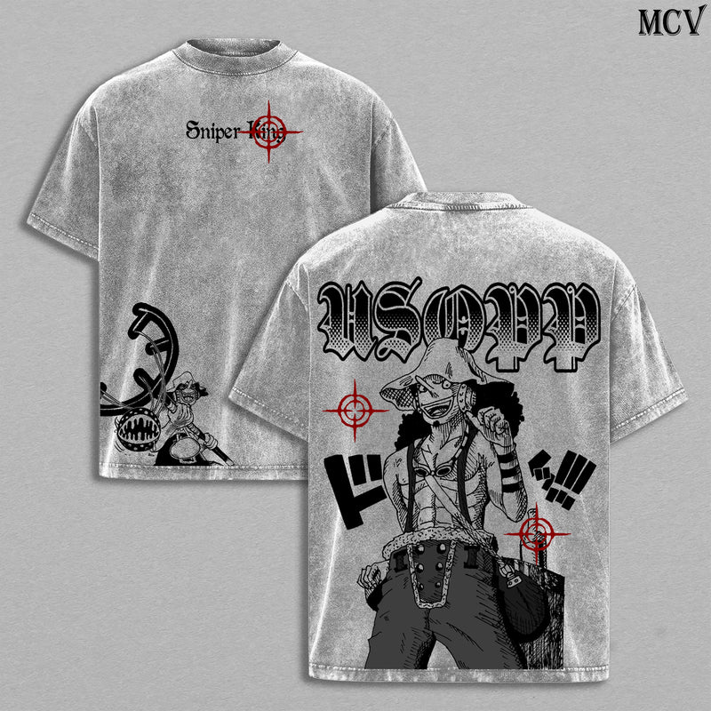 Usopp Washed Tee – Sniper King One Piece Anime Manga Sogeking Graphic Double Printed T-Shirt, Menswear Heavy Cotton Unisex Oversize Vintage Streetwear Sniper Edition