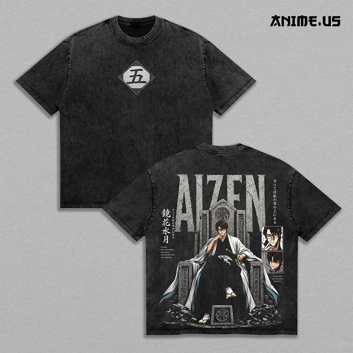 Sosuke Aizen Captain of the Fifth Division Bleach Anime Graphic Heavyweight Cotton Shirt, Vintage Oversized Washed Manga Tee, Japanese Streetwear Apparel, Retro Anime Fan Gift