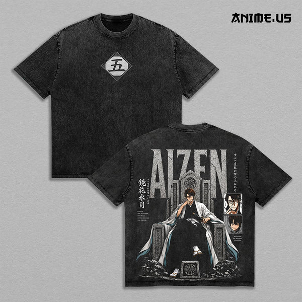 Sosuke Aizen Captain of the Fifth Division Bleach Anime Graphic Heavyweight Cotton Shirt, Vintage Oversized Washed Manga Tee, Japanese Streetwear Apparel, Retro Anime Fan Gift