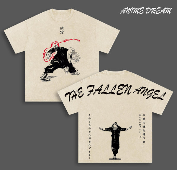 “THE FALLEN ANGEL” Itadori Yuji Jujutsu Kaisen Anime Double Printed Vintage Washed Tee Unisex Oversize Anime Manga Washed Heavyweight Cotton T-shirt