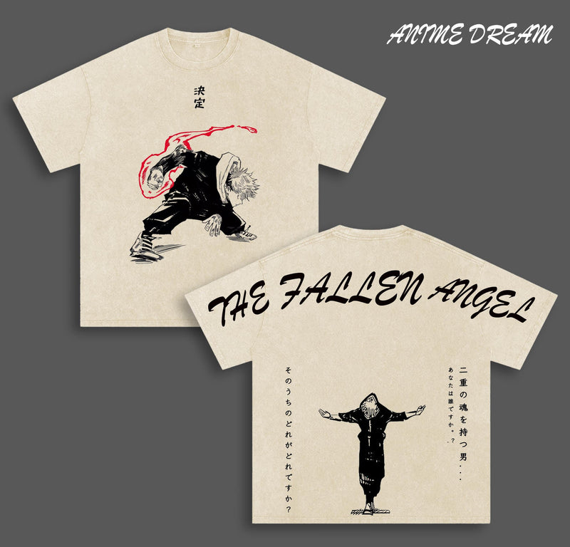 “THE FALLEN ANGEL” Itadori Yuji Jujutsu Kaisen Anime Double Printed Vintage Washed Tee Unisex Oversize Anime Manga Washed Heavyweight Cotton T-shirt