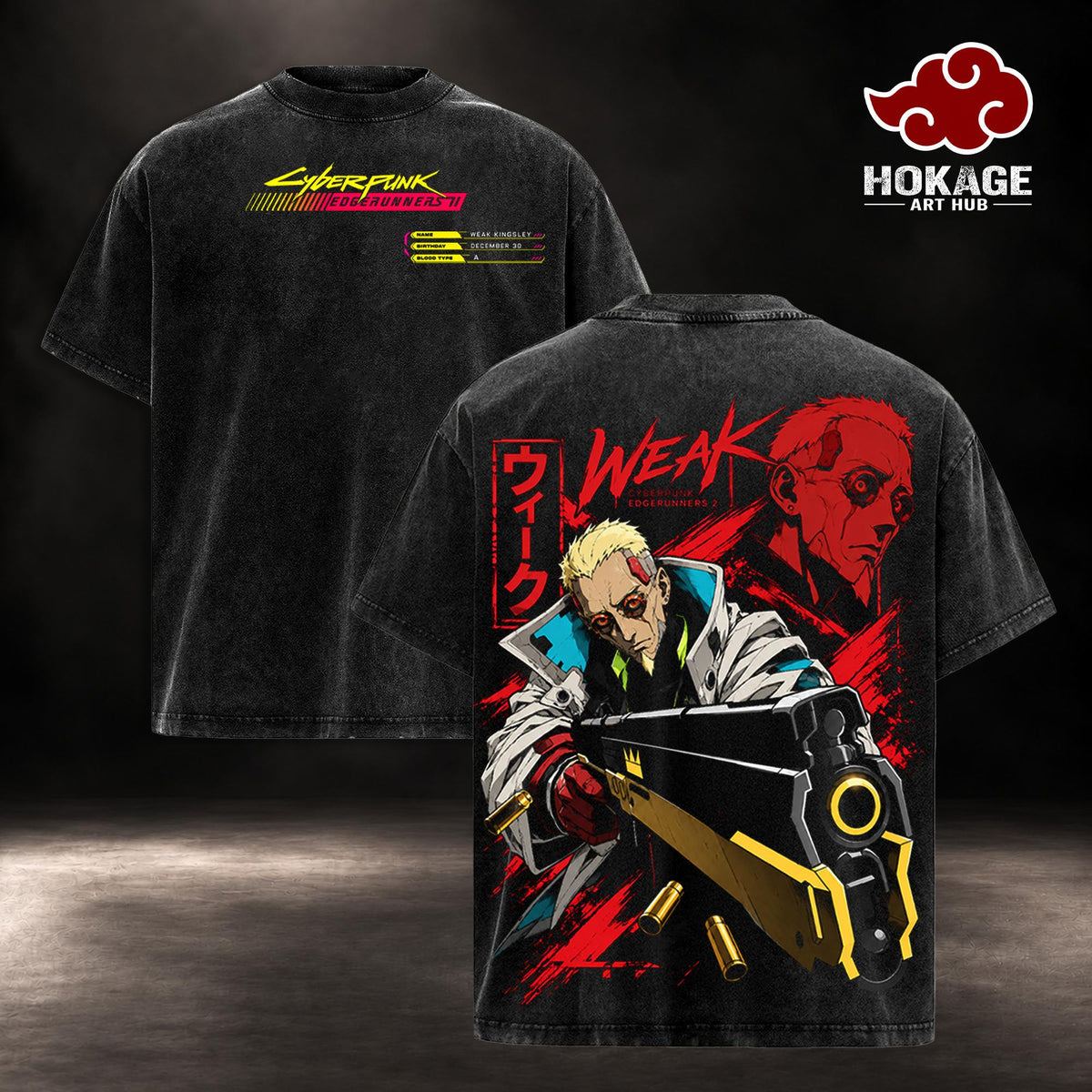 Weak Kingsley Cyberpunk Edgerunners 2 Hoodie , T-Shirt , Veteran Edgerunner King Night City Anime Manga Back Print, Cyberpunk 2077 Vintage Washed Oversized Unisex Streetwear