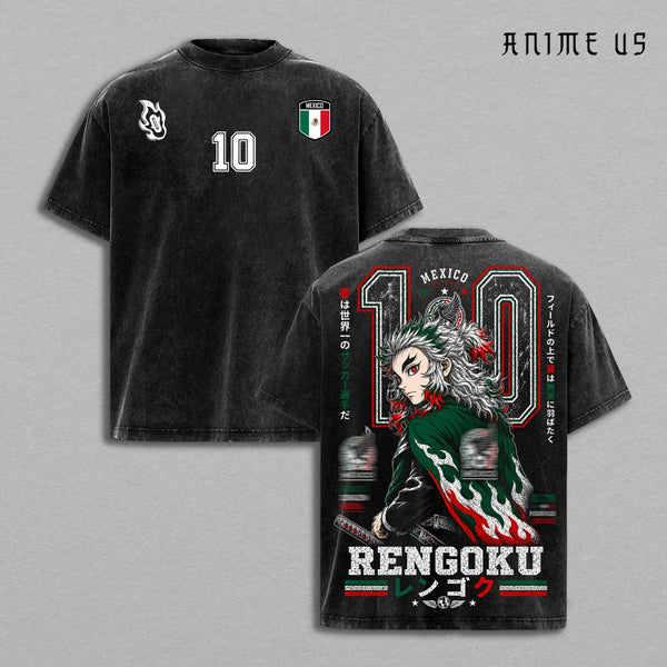 Mexico World Football 2026 Vintage Washed Rengoku Inspired Anime Shirt, Flame Warrior Futbol Graphic Tee, Tricolor Heavyweight Cotton Streetwear, Oversized Gift Apparel