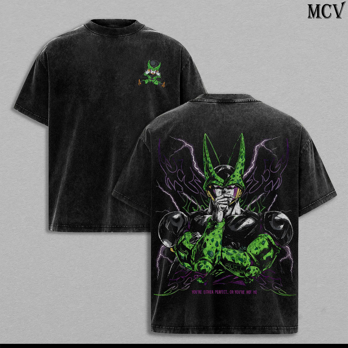 Perfect Cell DBZZ Washed Tee – Dark Anime Villain Graphic Double Printed T-Shirt, Menswear Heavy Cotton Unisex Oversize Streetwear Vintage 90s Y2K Retro