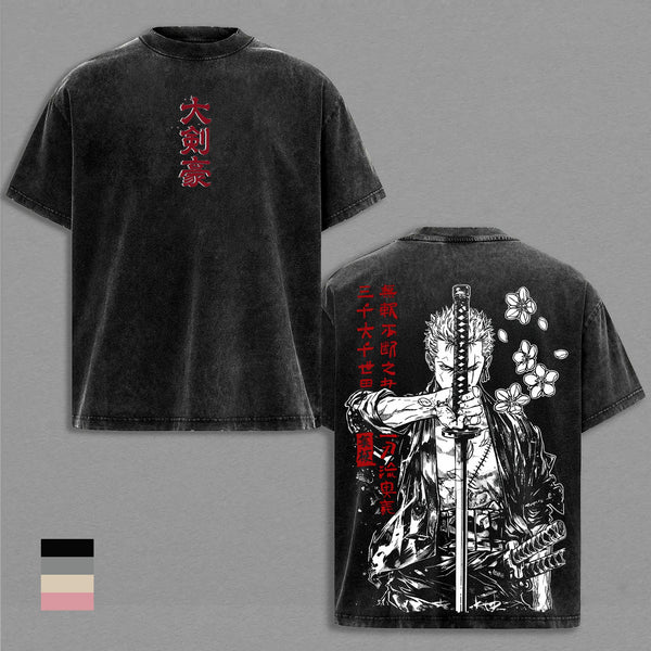 Zoro Tee Washed - Vintage One Piece Anime Shirt Roronoa Zoro Graphic Tee Vintage Washed T Shirt Unisex Streetwear Santoryu Anime Tee Three Sword Style Shirt Anime Clothing Gift for Anime Lovers Fans Apparel