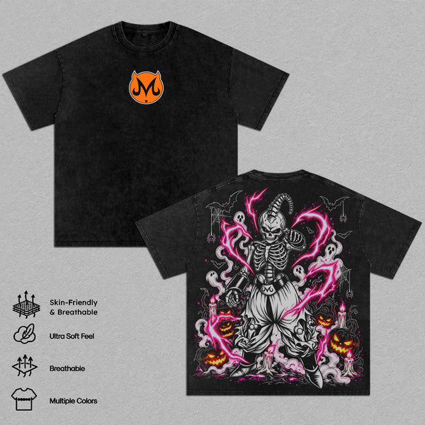 Majin Buu Halloween Washed T-Shirt, DBZ Anime Graphic Tee, Skeleton Spooky Oversized Streetwear Shirt, Halloween Anime Gift