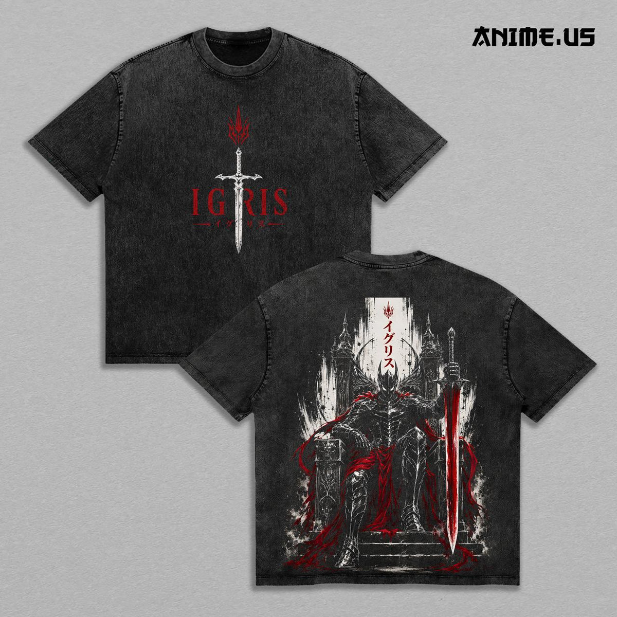 Igris Solo Leveling Shadow Knight Vintage Washed Anime Shirt, Dark Throne Giant Sword Loyal Commander Gothic Fantasy Graphic Tees Men Large Back Print Streetwear