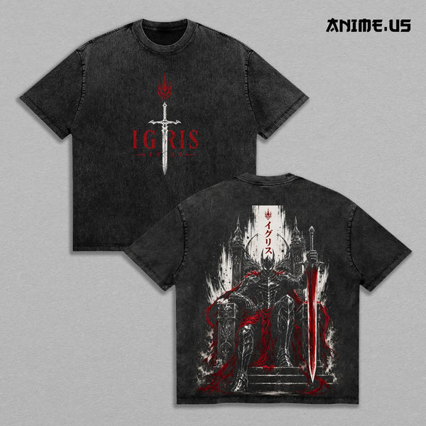 Igris Solo Leveling Shadow Knight Vintage Washed Anime Shirt, Dark Throne Giant Sword Loyal Commander Gothic Fantasy Graphic Tees Men Large Back Print Streetwear