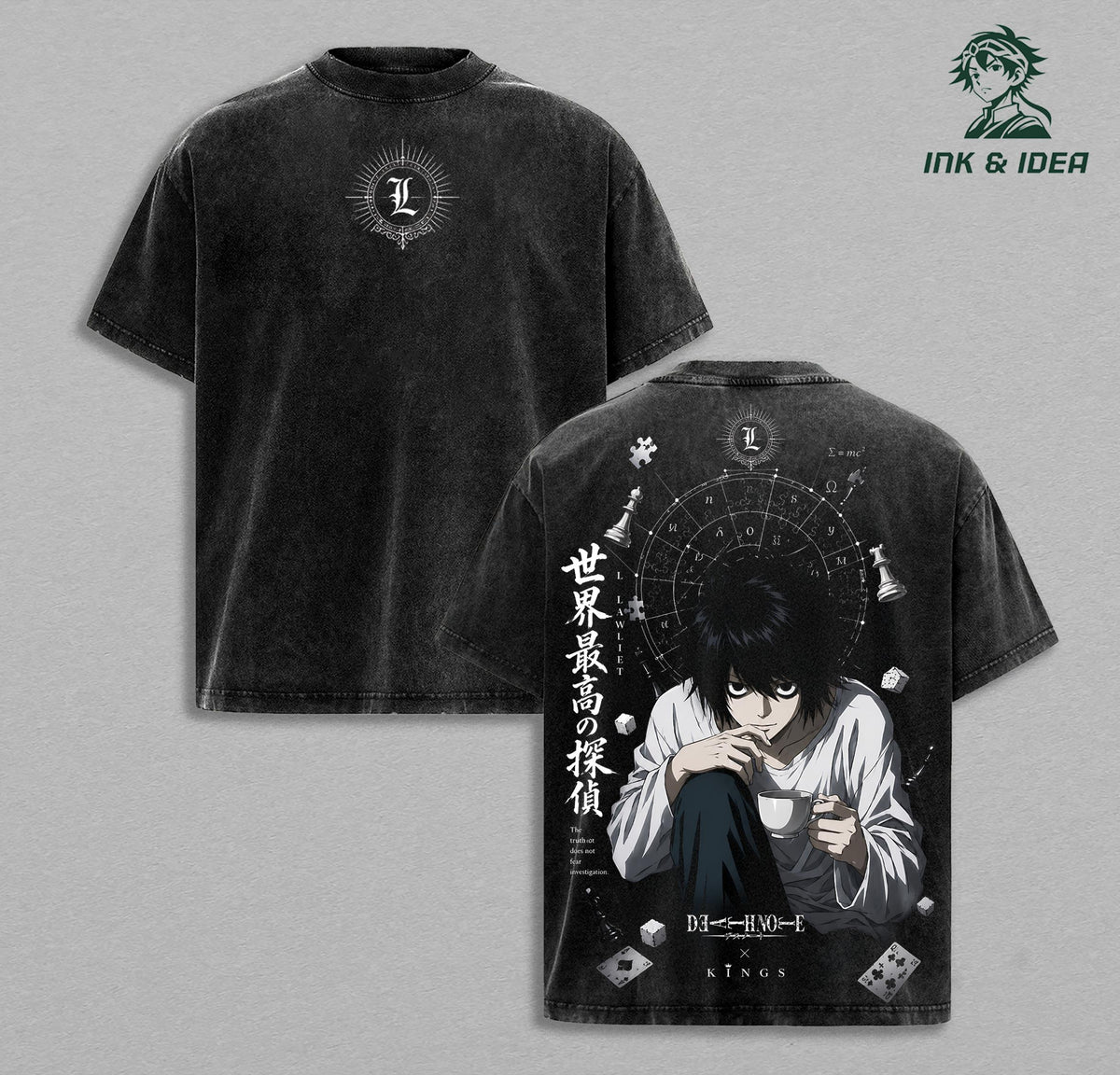 L Lawliet Death Note Vintage Washed Anime T-Shirt, Detective Graphic Tee, Oversized Streetwear Shirt, Heavy Cotton Manga Apparel, Unisex Anime Fan Gift