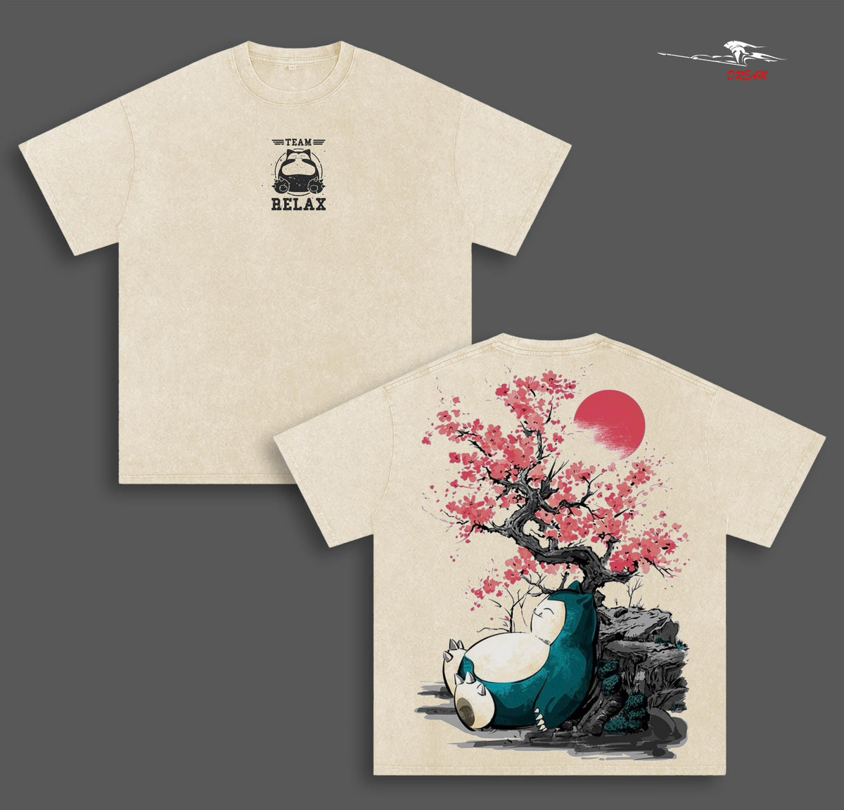 Snorlax - Pokemon Anime Double Printed Vintage Washed Tee Unisex Oversize Heavyweight Cotton T-shirt for Anime Fans and Lovers