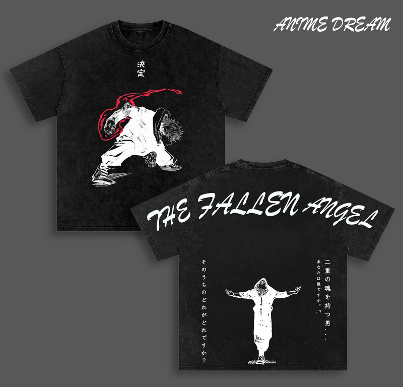 “THE FALLEN ANGEL” Itadori Yuji Jujutsu Kaisen Anime Double Printed Vintage Washed Tee Unisex Oversize Anime Manga Washed Heavyweight Cotton T-shirt