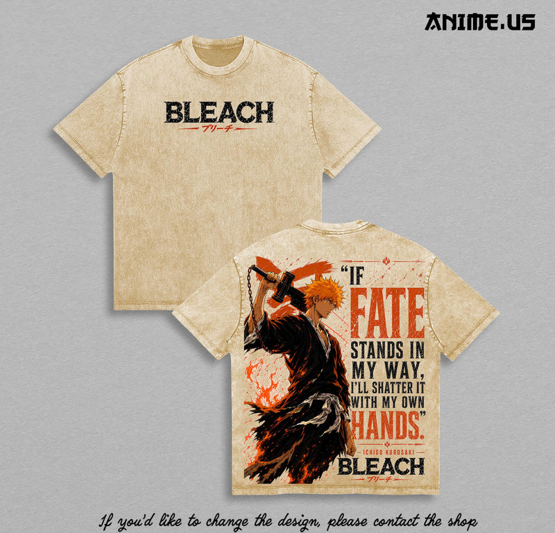 Ichigo Kurosaki Bleach Thousand-Year Blood War Anime Washed Graphic Tee Soul Reaper Hollow Power Heavyweight Cotton Streetwear Shirt