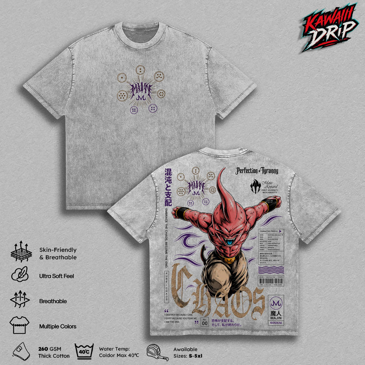 Majin Buu DBZ Vintage Washed T-Shirt, Majin Kid Buu Chaos Graphic Tee, DBZ Villain Anime Streetwear Shirt, Oversized Heavy Cotton Unisex Manga Tee, DBZ Fan Gift for Men & Women