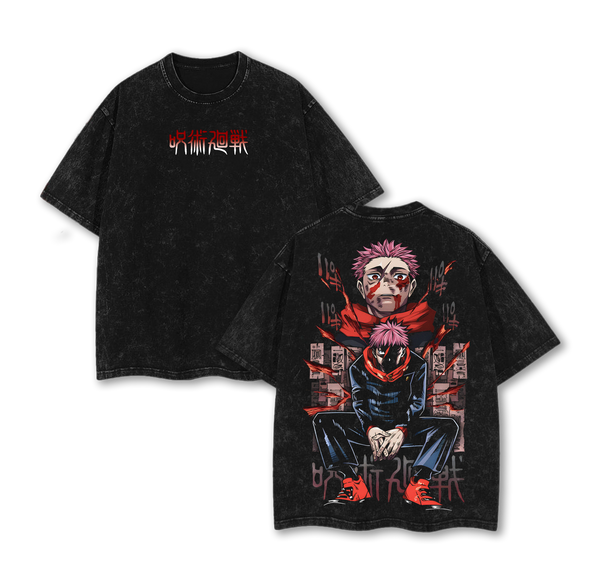 Yuji Itadori Tee Washed – Jujutsu Kaisen Culling Game Movie 2025 Vintage Oversized Heavy Cotton Double Printed Anime Manga T-Shirt, Retro Unisex Streetwear Graphic Top, Sukuna’s Vessel Awakening Edition
