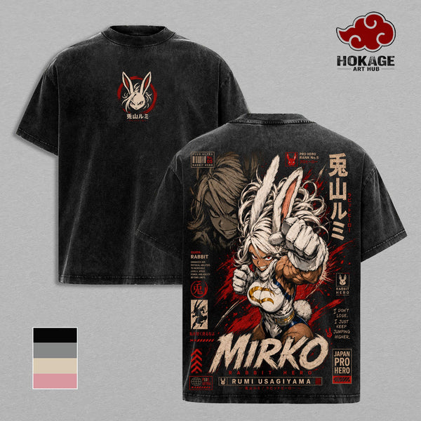 Mirko - My Hero Academia Double Printed Graphic Tee, Vintage Washed Streetwear for Men, Heavyweight Oversized Shirt, Acid Wash Y2K Anime Merch