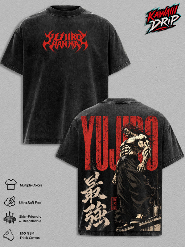 Yujiro Hanma Vintage Washed Anime T-Shirt – Baki Hanma Graphic Tee, Retro Manga Streetwear Oversized Heavy Cotton Unisex Shirt, Anime Gift for Men & Women