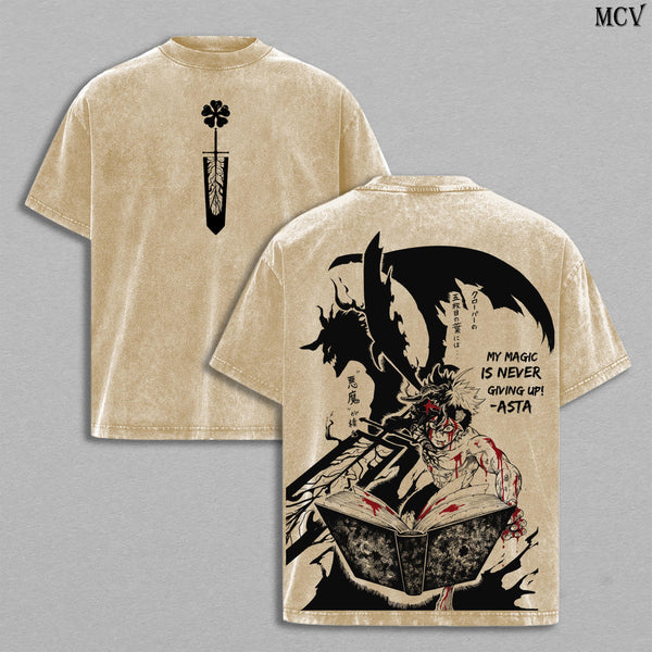 Asta Tee Washed – Black Clover Vintage Washed Heavy Cotton Oversized Anime Manga T-Shirt, Hoodie Double Printed Retro Unisex Streetwear Graphic Top, Anti-Magic Devil Power Edition, Hoodie Available