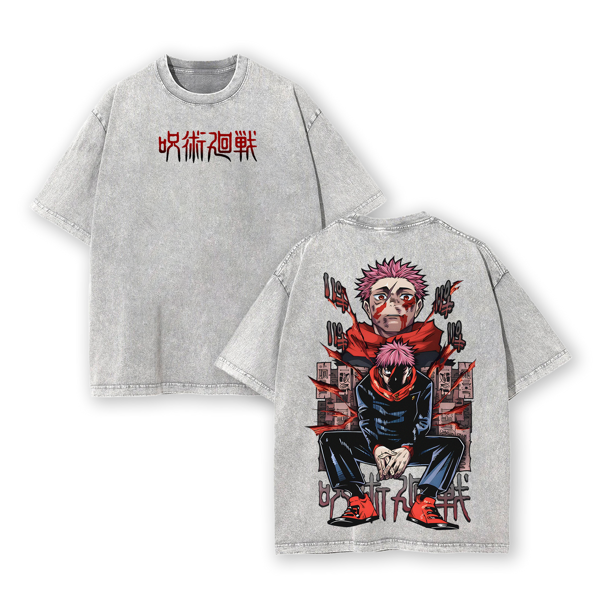 Yuji Itadori Tee Washed – Jujutsu Kaisen Culling Game Movie 2025 Vintage Oversized Heavy Cotton Double Printed Anime Manga T-Shirt, Retro Unisex Streetwear Graphic Top, Sukuna’s Vessel Awakening Edition