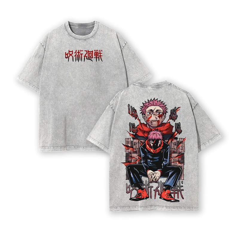 Yuji Itadori Tee Washed – Jujutsu Kaisen Culling Game Movie 2025 Vintage Oversized Heavy Cotton Double Printed Anime Manga T-Shirt, Retro Unisex Streetwear Graphic Top, Sukuna’s Vessel Awakening Edition