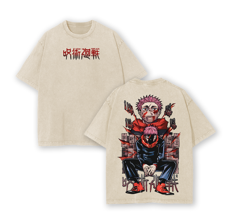 Yuji Itadori Tee Washed – Jujutsu Kaisen Culling Game Movie 2025 Vintage Oversized Heavy Cotton Double Printed Anime Manga T-Shirt, Retro Unisex Streetwear Graphic Top, Sukuna’s Vessel Awakening Edition
