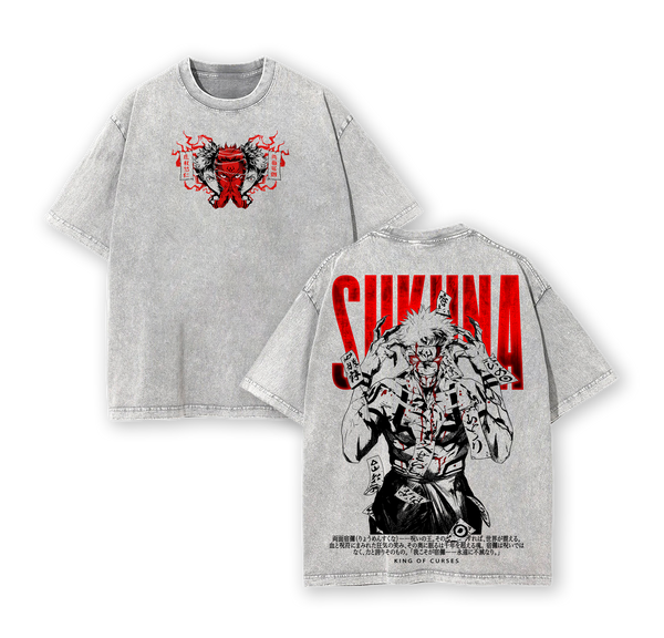 Ryomen Sukuna God Form Tee Washed – Sukuna Jujutsu Kaisen Vintage Oversized Heavy Cotton Double Printed Front & Back Anime Manga T-Shirt, Retro Unisex Streetwear Graphic Top, King of Curses Ascension Edition, JJK Anime Merch for Fans