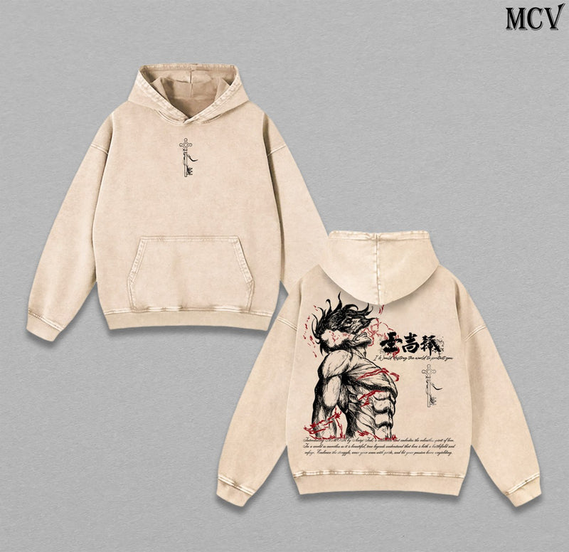 Eren Yeager Freedom Burden – Attack on Titan Vintage Washed Heavyweight Cotton Anime Graphic Hoodie Streetwear